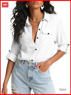 Women's Button Down Chambray Blouse Long Sleeve Jean Shirt Lightweight Western